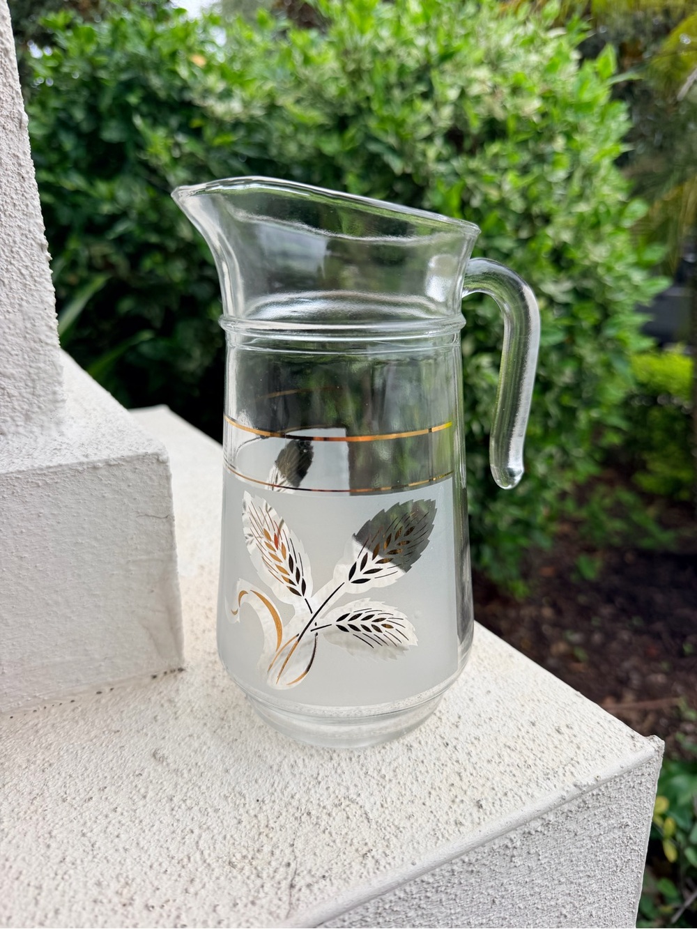 Vintage Frosted Glass Pitcher Gold Silver Leaf Mid Century Barware 8”